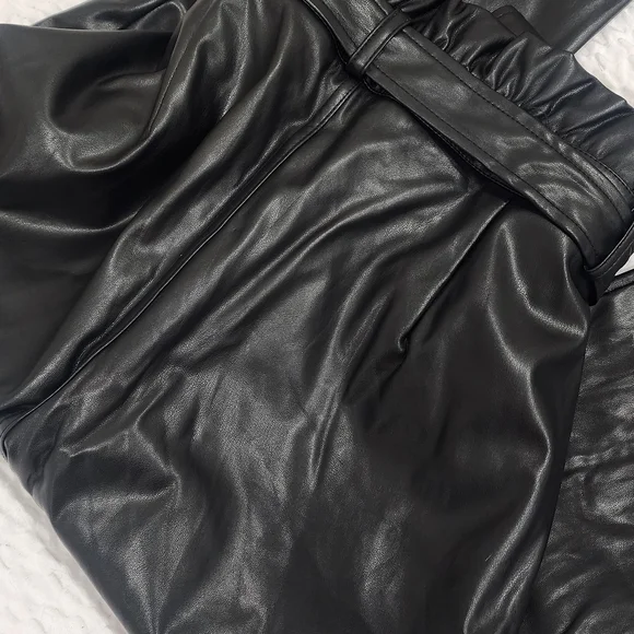 Faux Leather Paperbag Waist Tie Pants - Black - Picture 5 of 7